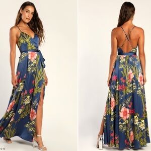 LULU's Floral Sexy Romantic Flowy Floral Wedding Formal Event Satin Maxi Dress